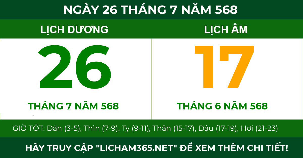 lịch âm ngày 26 tháng 7 năm 568