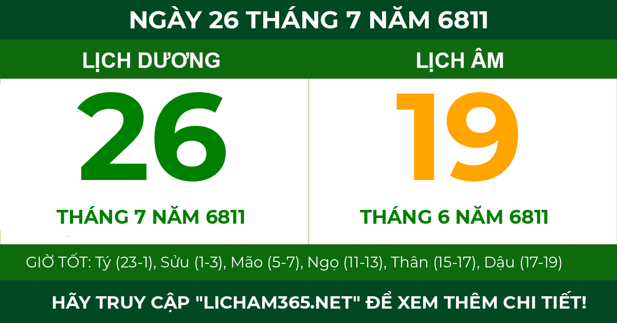 lịch âm ngày 26 tháng 7 năm 6811