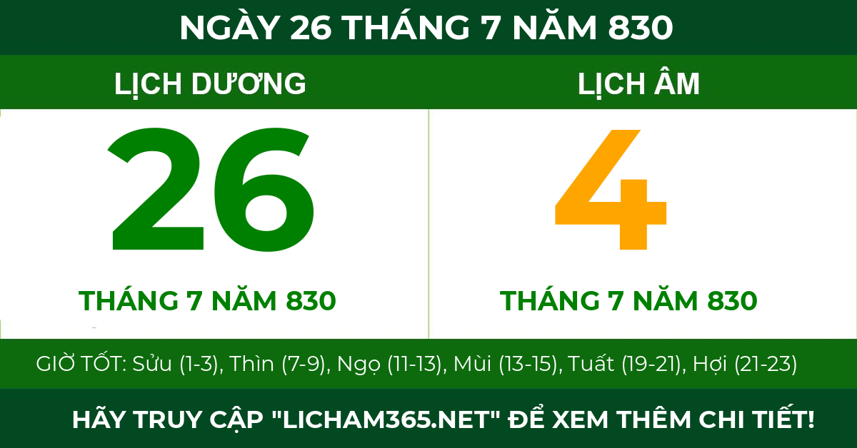lịch âm ngày 26 tháng 7 năm 830