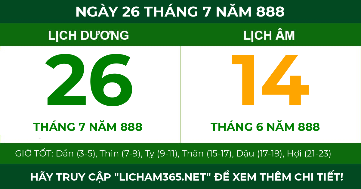 lịch âm ngày 26 tháng 7 năm 888