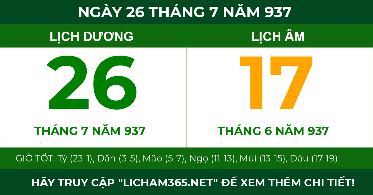 lịch âm ngày 26 tháng 7 năm 937