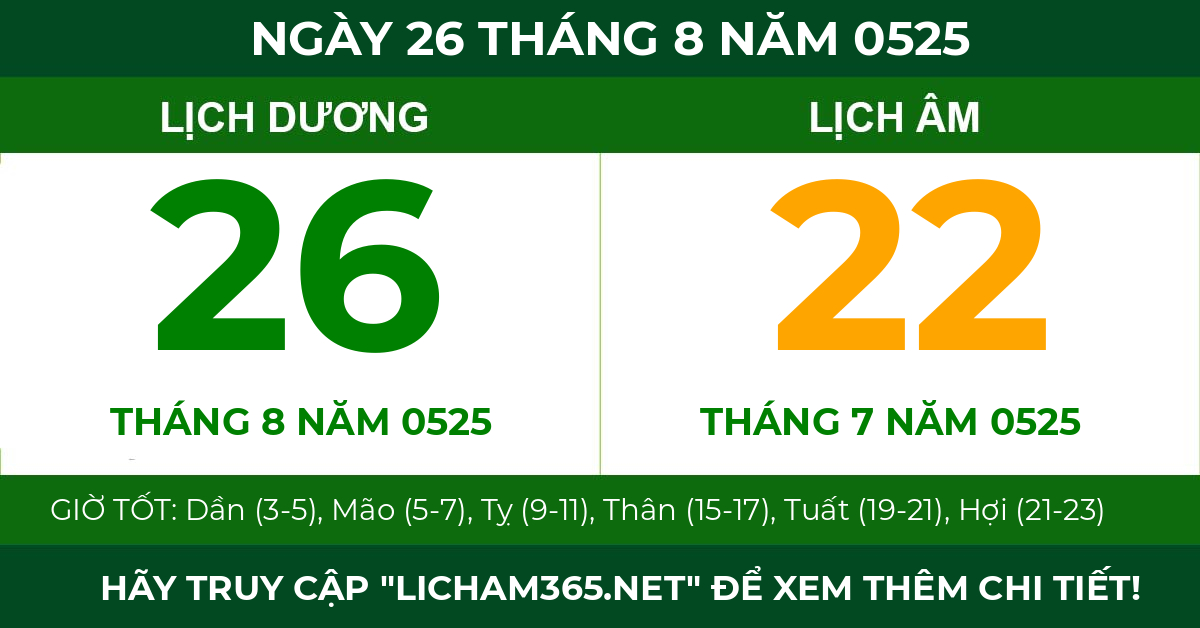 lịch âm ngày 26 tháng 8 năm 0525