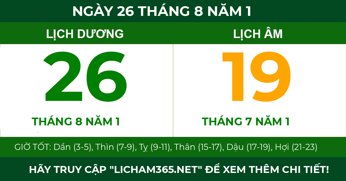 lịch âm ngày 26 tháng 8 năm 1