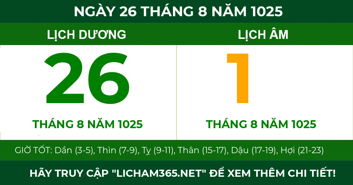 lịch âm ngày 26 tháng 8 năm 1025