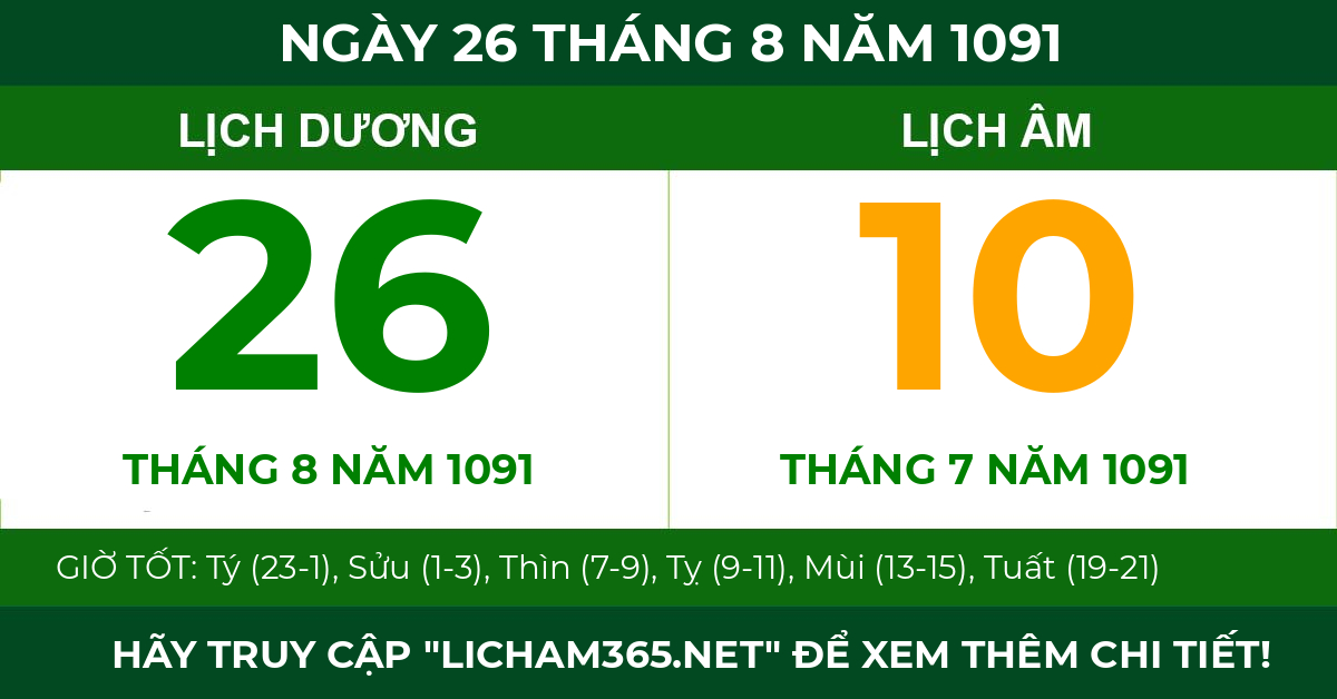 lịch âm ngày 26 tháng 8 năm 1091