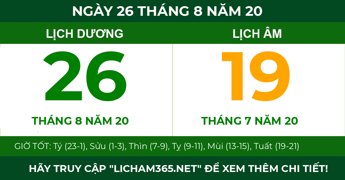 lịch âm ngày 26 tháng 8 năm 20