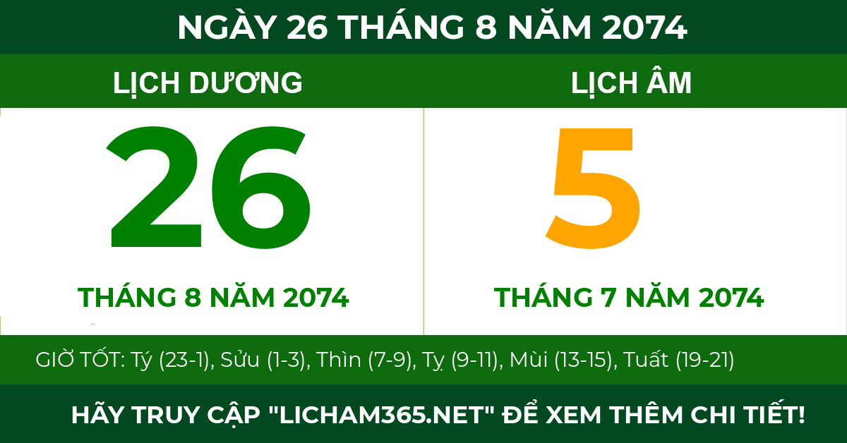 lịch âm ngày 26 tháng 8 năm 2074