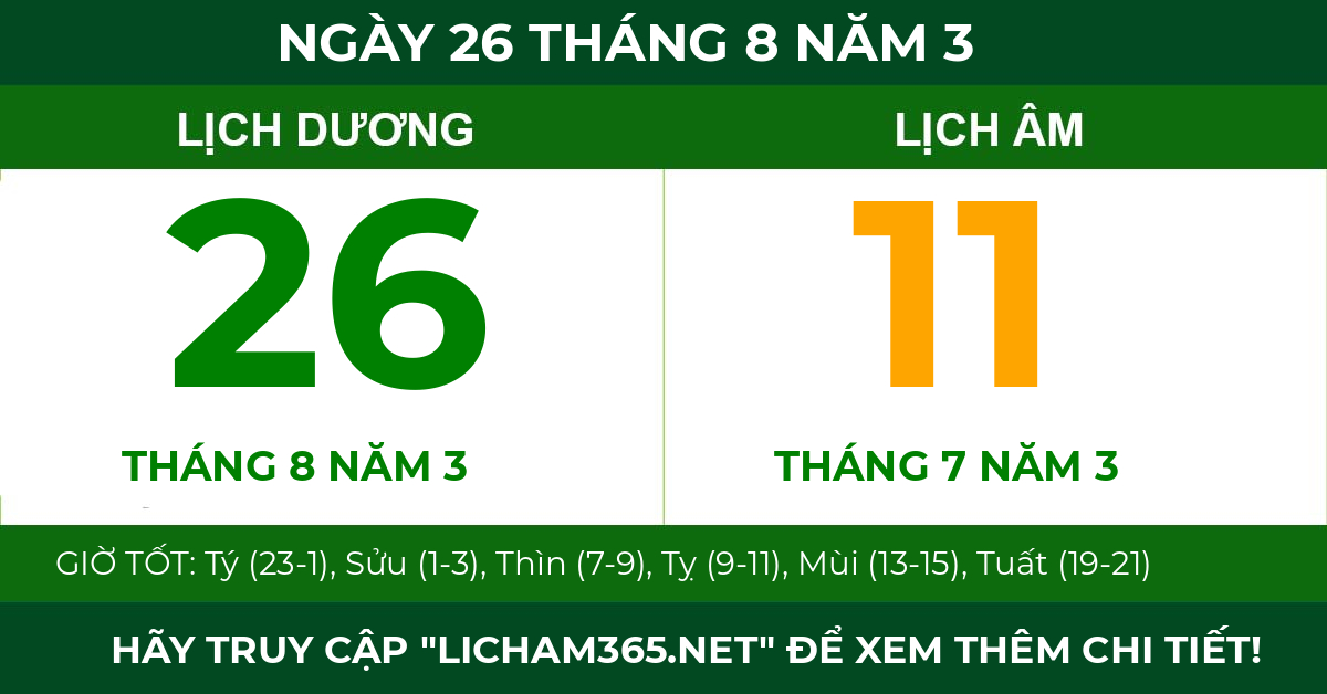 lịch âm ngày 26 tháng 8 năm 3
