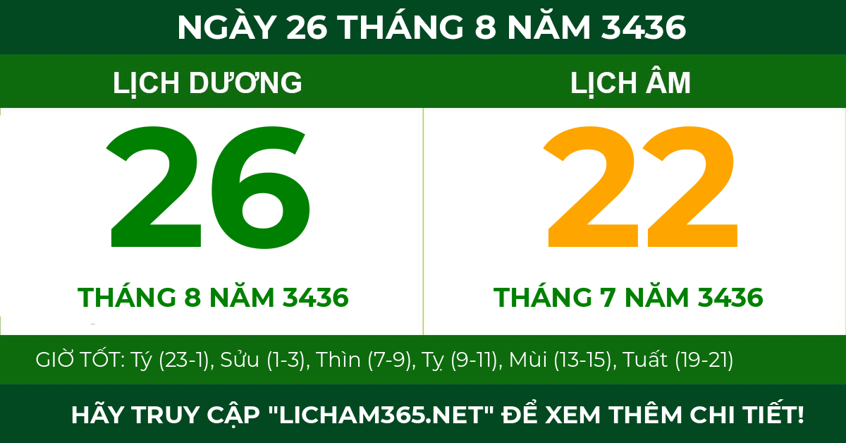 lịch âm ngày 26 tháng 8 năm 3436