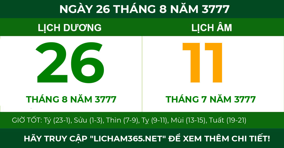lịch âm ngày 26 tháng 8 năm 3777