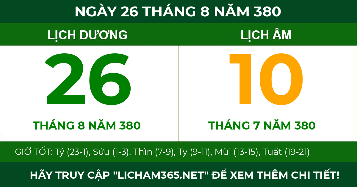 lịch âm ngày 26 tháng 8 năm 380