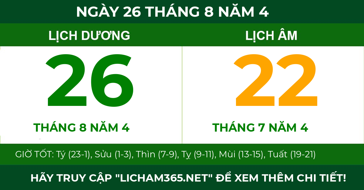 lịch âm ngày 26 tháng 8 năm 4