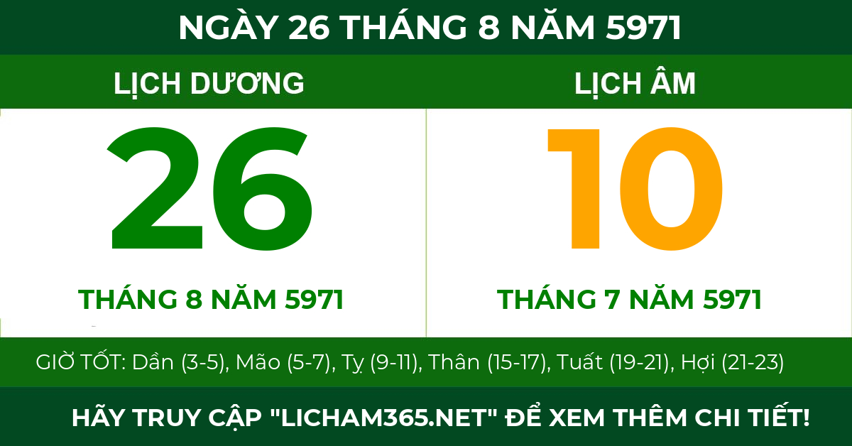lịch âm ngày 26 tháng 8 năm 5971
