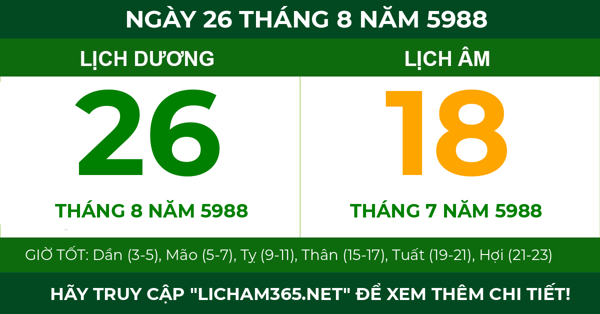 lịch âm ngày 26 tháng 8 năm 5988