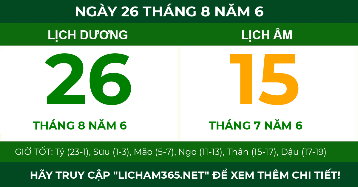 lịch âm ngày 26 tháng 8 năm 6