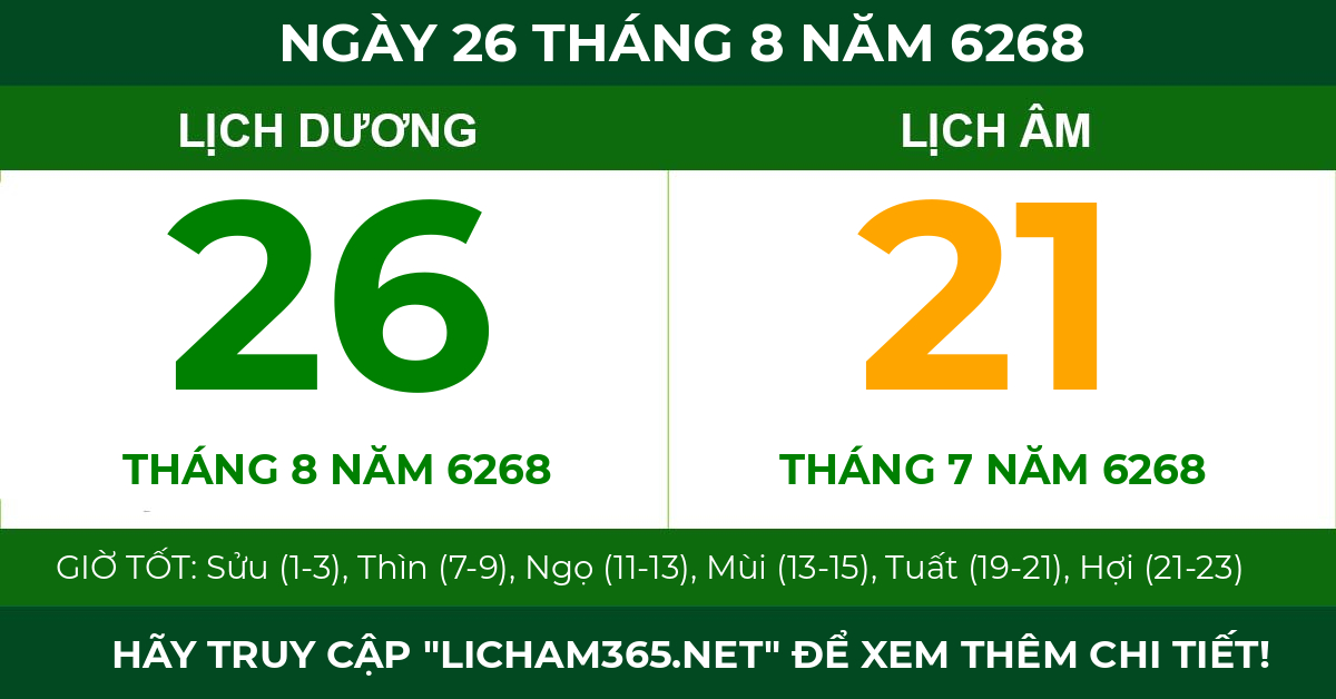 lịch âm ngày 26 tháng 8 năm 6268