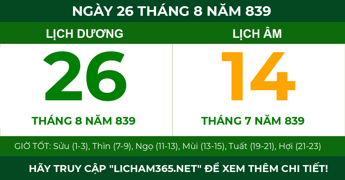 lịch âm ngày 26 tháng 8 năm 839