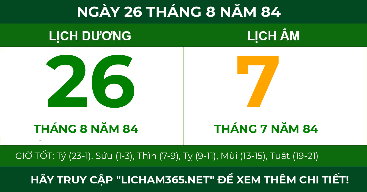 lịch âm ngày 26 tháng 8 năm 84