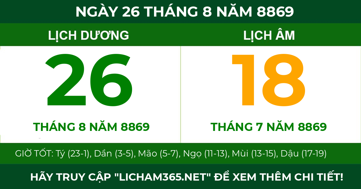 lịch âm ngày 26 tháng 8 năm 8869