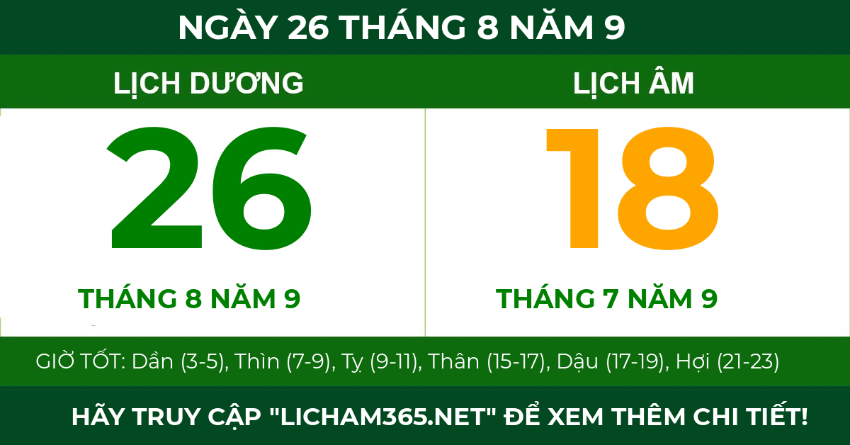 lịch âm ngày 26 tháng 8 năm 9