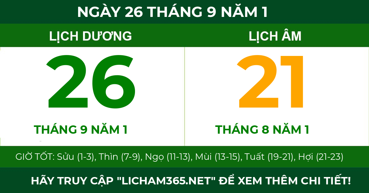 lịch âm ngày 26 tháng 9 năm 1