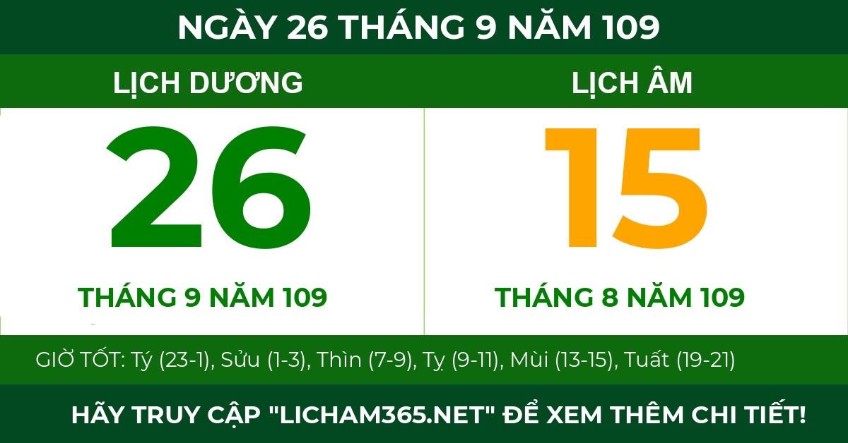lịch âm ngày 26 tháng 9 năm 109