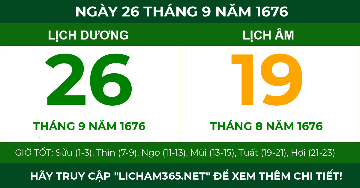 lịch âm ngày 26 tháng 9 năm 1676