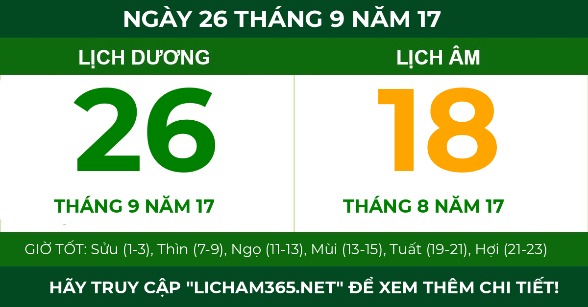lịch âm ngày 26 tháng 9 năm 17