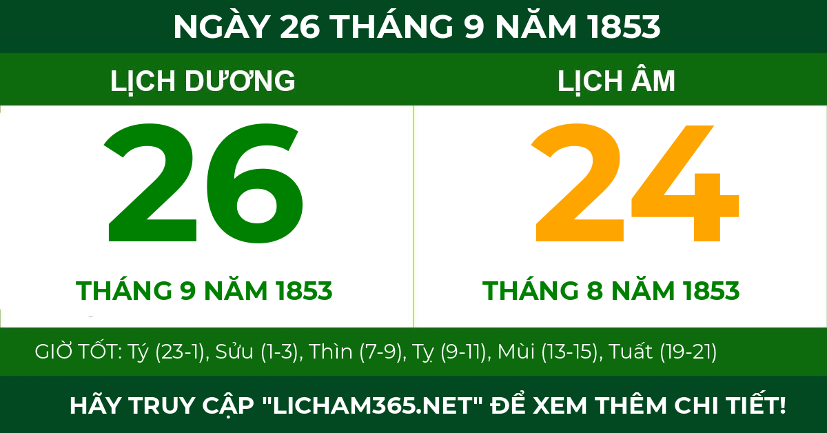 lịch âm ngày 26 tháng 9 năm 1853