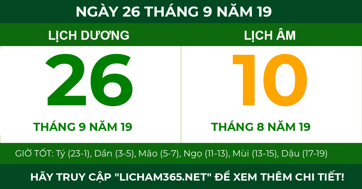 lịch âm ngày 26 tháng 9 năm 19