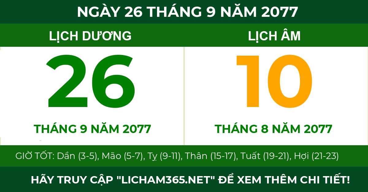 lịch âm ngày 26 tháng 9 năm 2077
