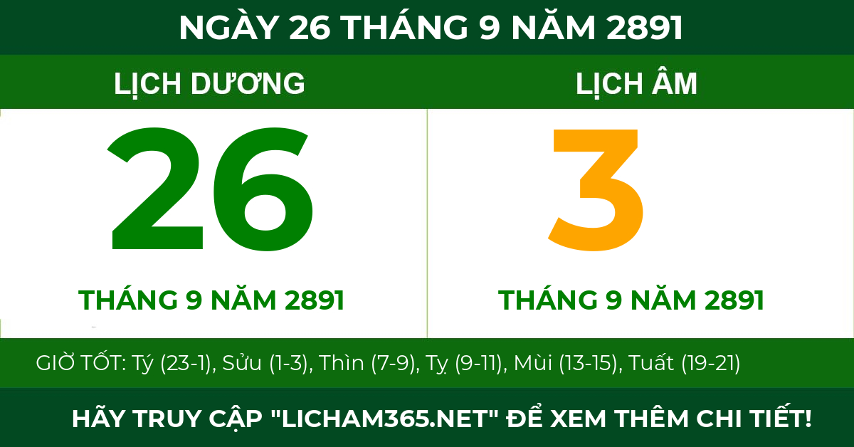lịch âm ngày 26 tháng 9 năm 2891