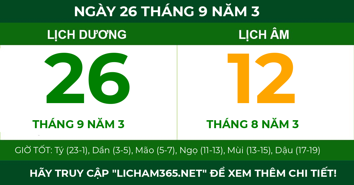 lịch âm ngày 26 tháng 9 năm 3