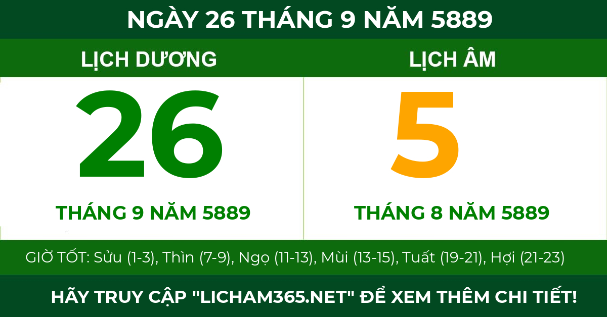 lịch âm ngày 26 tháng 9 năm 5889