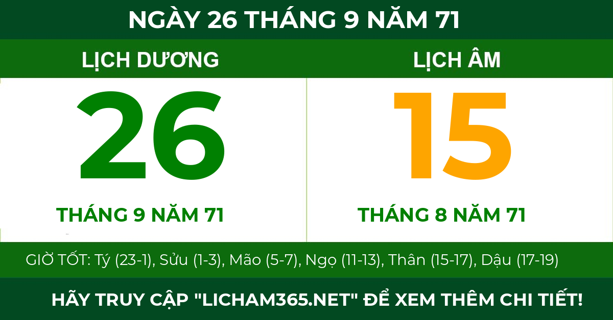 lịch âm ngày 26 tháng 9 năm 71