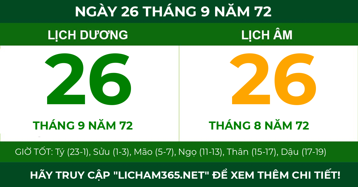 lịch âm ngày 26 tháng 9 năm 72