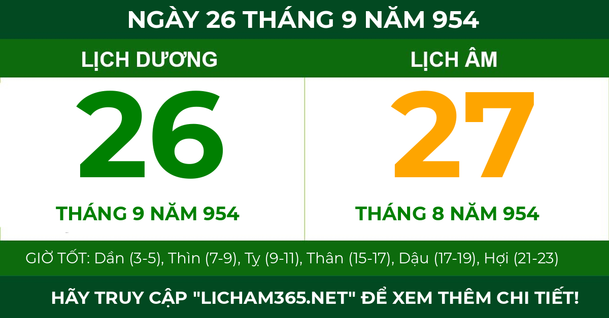 lịch âm ngày 26 tháng 9 năm 954