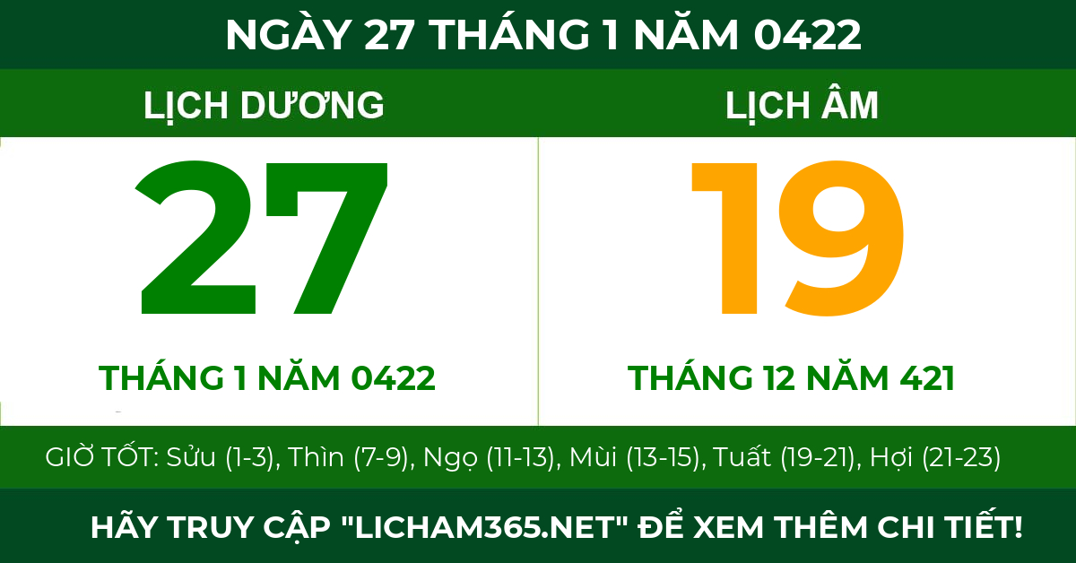 lịch âm ngày 27 tháng 1 năm 0422