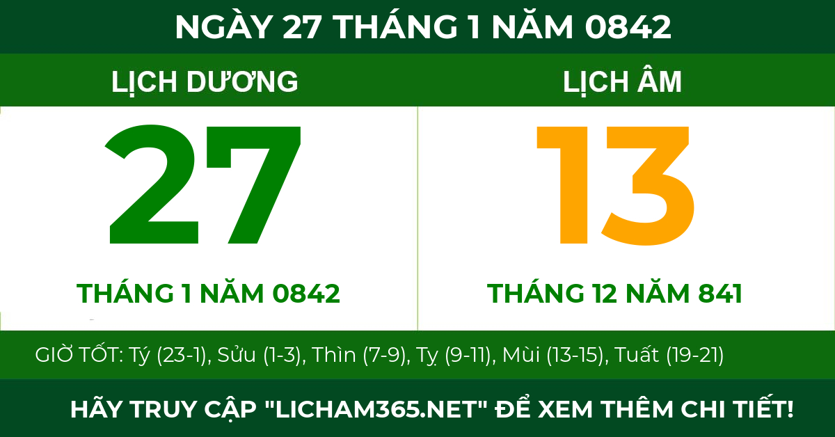 lịch âm ngày 27 tháng 1 năm 0842