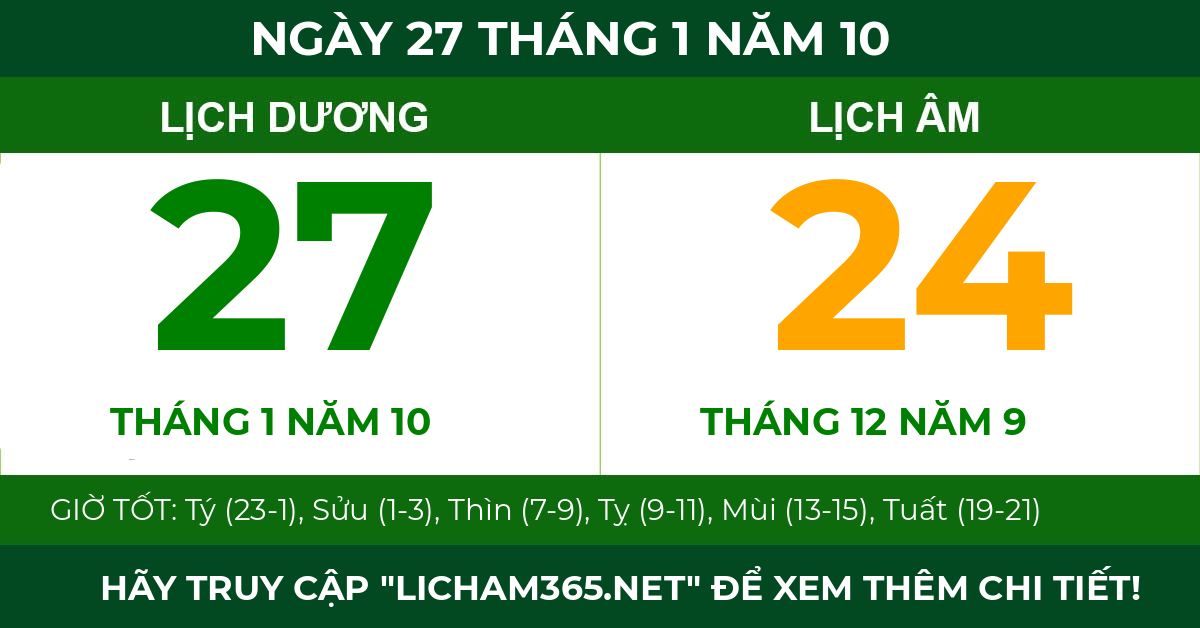 lịch âm ngày 27 tháng 1 năm 10