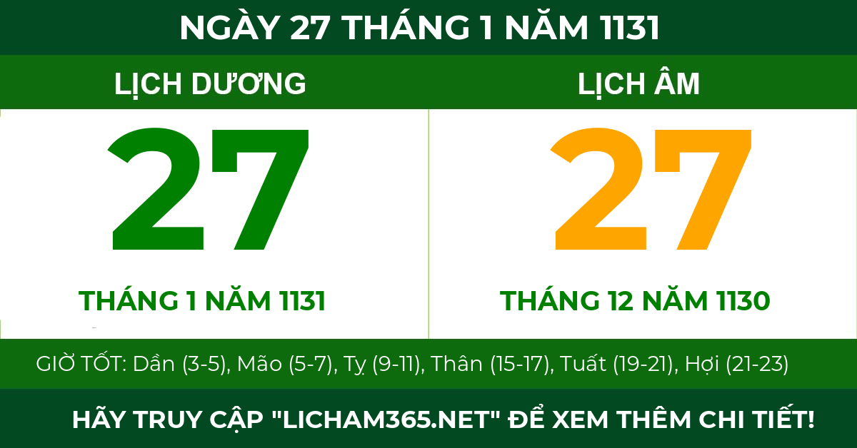 lịch âm ngày 27 tháng 1 năm 1131