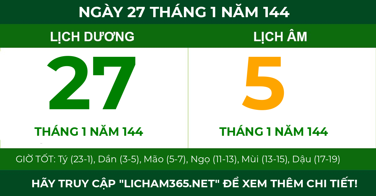 lịch âm ngày 27 tháng 1 năm 144
