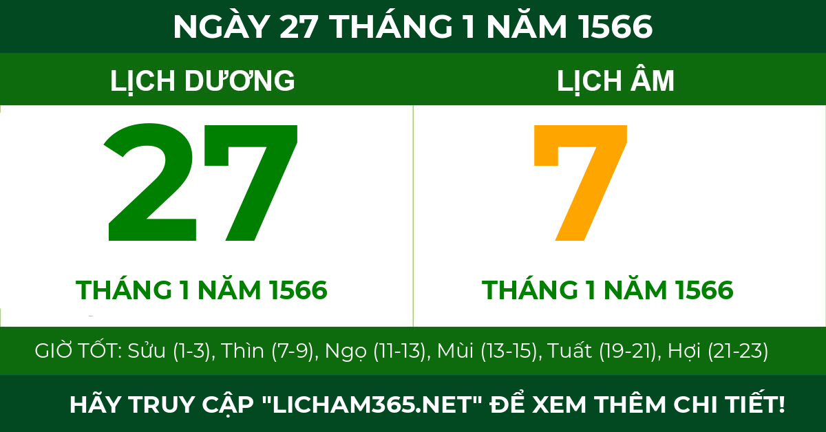 lịch âm ngày 27 tháng 1 năm 1566