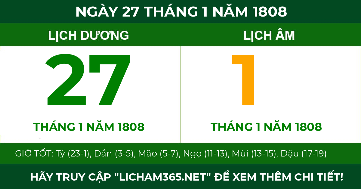 lịch âm ngày 27 tháng 1 năm 1808