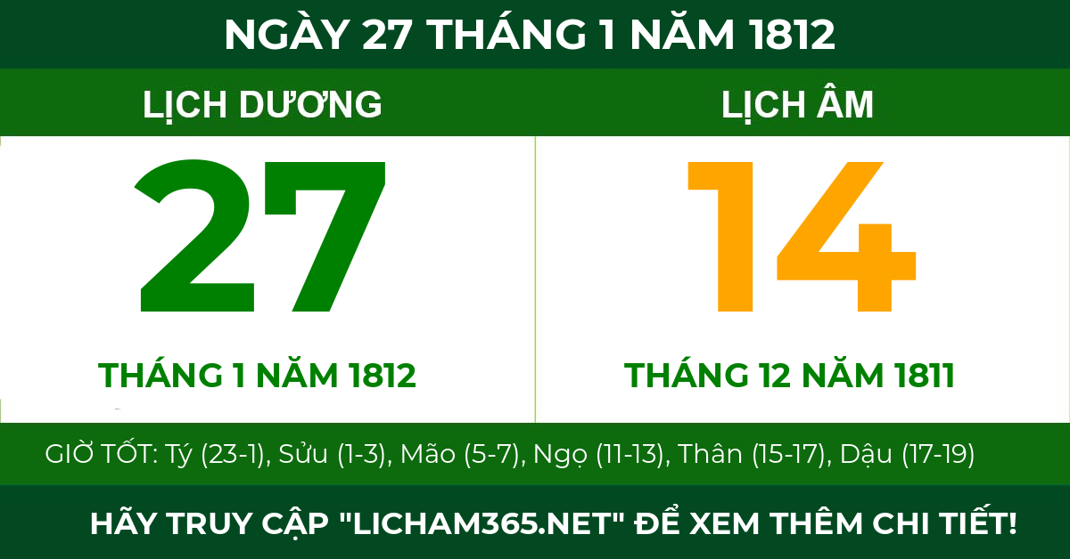 lịch âm ngày 27 tháng 1 năm 1812