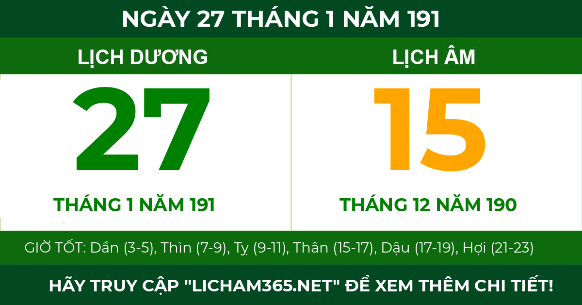 lịch âm ngày 27 tháng 1 năm 191