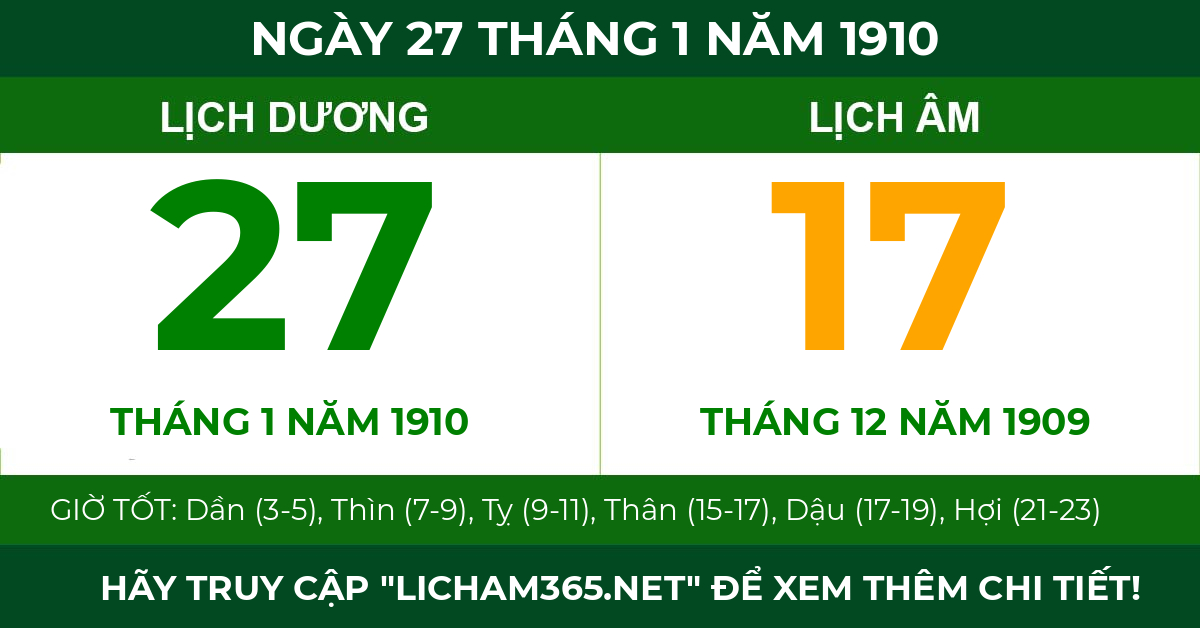 lịch âm ngày 27 tháng 1 năm 1910