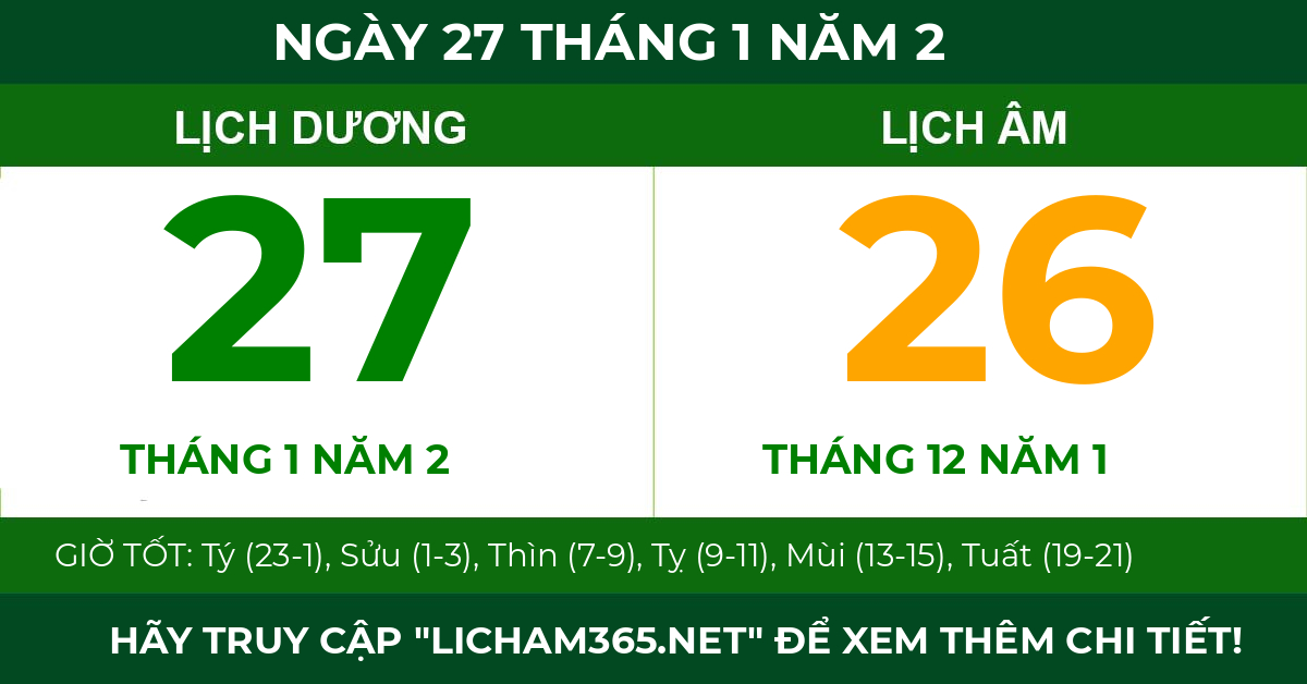 lịch âm ngày 27 tháng 1 năm 2