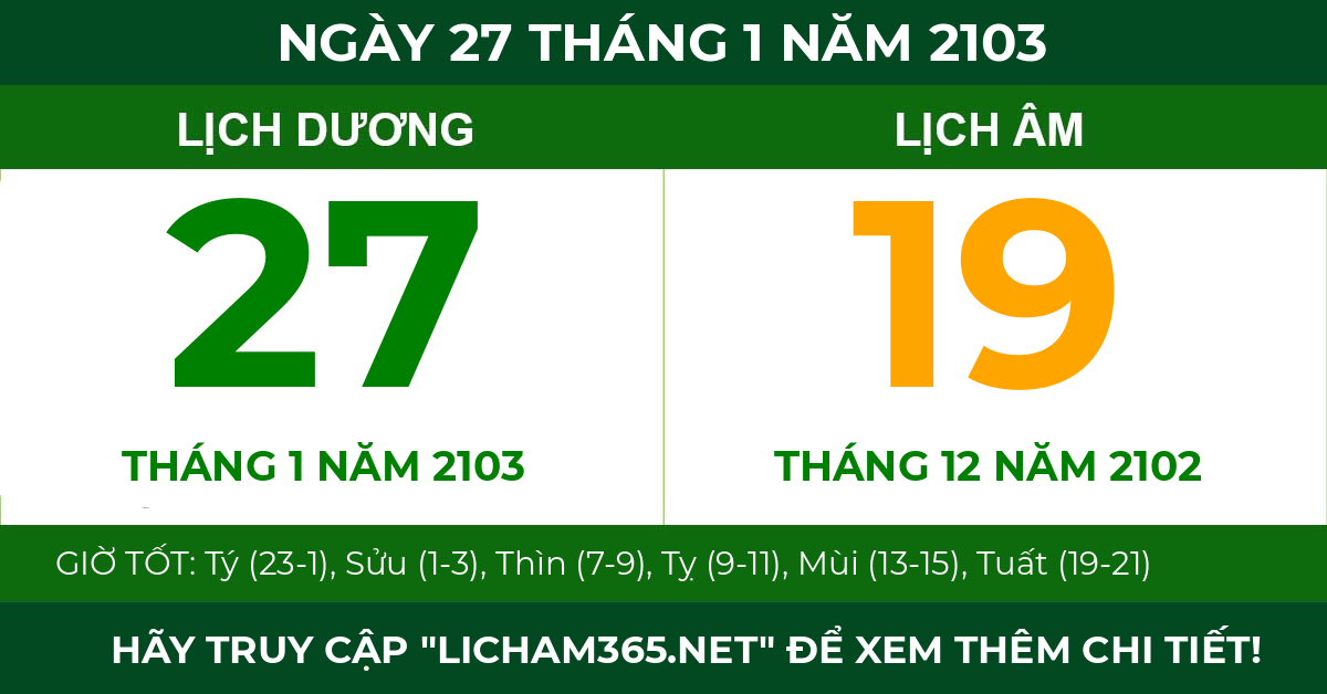 lịch âm ngày 27 tháng 1 năm 2103