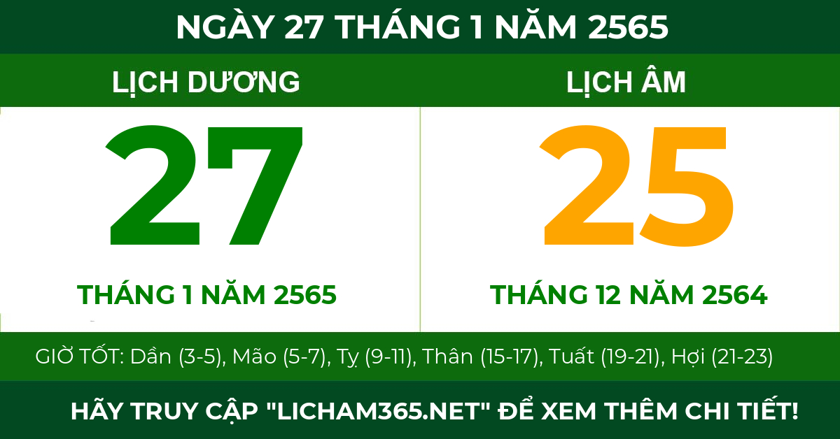 lịch âm ngày 27 tháng 1 năm 2565
